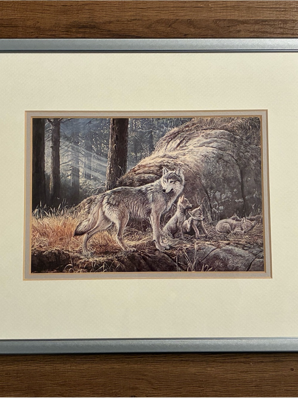 Vintage Late Canadian Artist Lissa Calvert Framed Wolf w/ Pups Print 13.5” x 11”